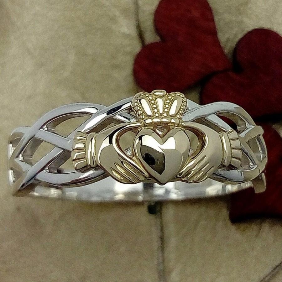 زفاف - Claddagh ring, ladies solid 10K yellow gold claddagh on a silver celtic rope band.