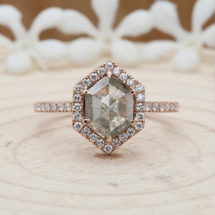 Wedding - Grey Hexagon Diamond 14K Solid Rose Gold Ring Engagement Wedding Gift Ring KD402