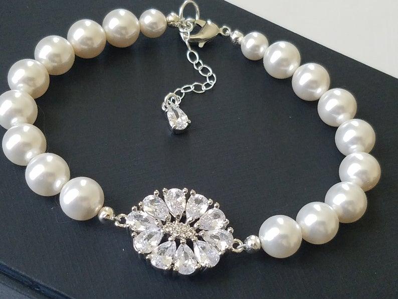 Mariage - Pearl Bridal Bracelet, Swarovski White Pearl Cubic Zirconia Bracelet, Wedding Bracelet, Bridal Jewelry, Vintage Style, Bridal Party Gift