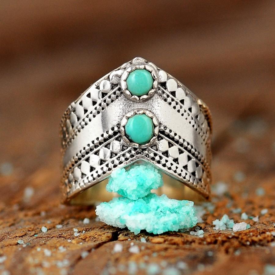 زفاف - Two Stone Turquoise Ring, Thumb Ring, Chevron Ring, Boho Sterling Silver Ring for Women, Natural Blue Gemstone, Bohemian Jewelry