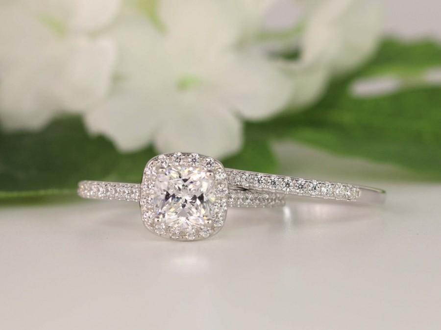زفاف - 1.0ct Wedding Ring set - Cushion Cut Engagement Ring - Cushion Halo Ring - Cubic Zirconia Ring - Sterling Silver (size 3.5~11)