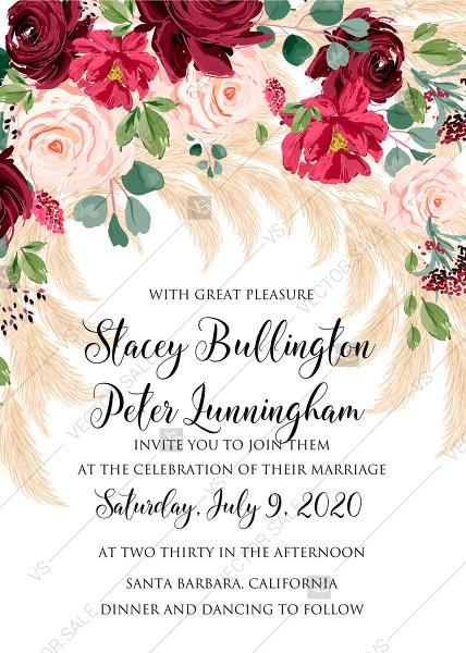 Свадьба - Wedding invitation Marsala peony rose pampas grass pdf custom online editor 5x7
