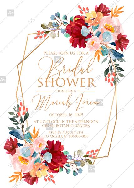 Wedding - Bridal shower wedding invitation set marsala pink peony rose watercolor greenery gold frame PDF 5x7 in personalized invitation