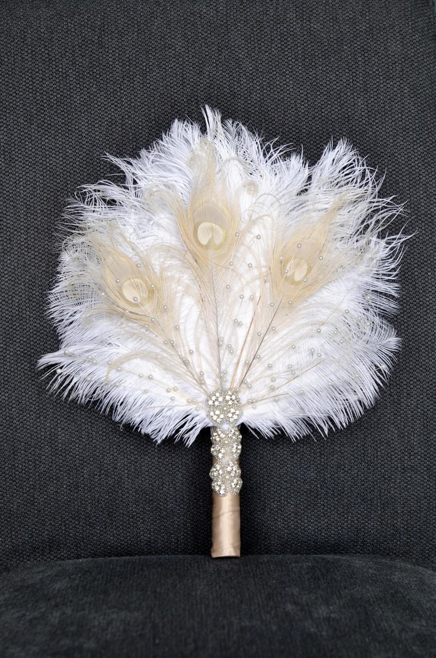 Hochzeit - Pearls Bridal Feather Fan, Ostrich Feather Fan Bridal Bouquet Gatsby 1920s Bouquet Bridesmaid Fan gift wedding groom feathers boutonniere