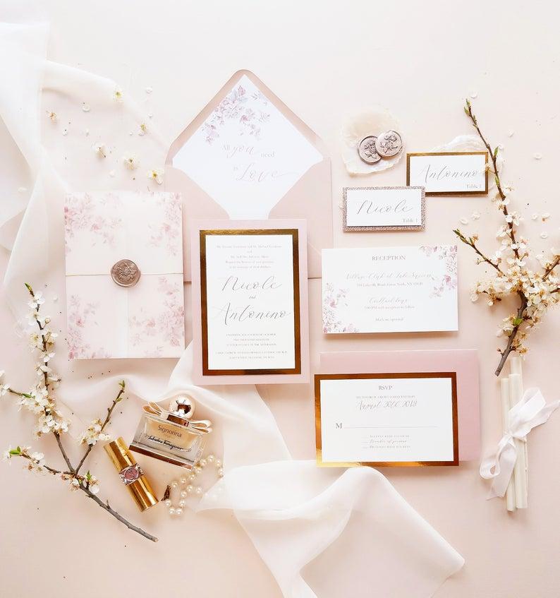 Mariage - Blush Wedding invitation, Rose gold wedding Invitation, Summer wedding invitation