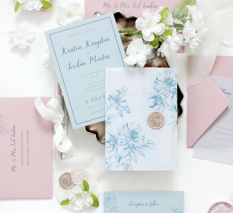 Hochzeit - Dusty blue Wedding Invitation, Navy and Blush Floral Wedding Invitation, Blue and Blush Pink, Dusty blue vellum jacket