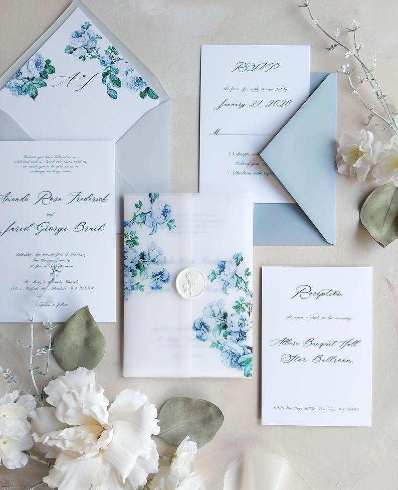 زفاف - Dusty blue Wedding invitation, Floral Vellum Invitation, blue Wedding Invitation, Spring Wedding Invitation SAMPLE