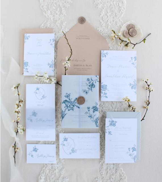 Hochzeit - Dusty blue Wedding Invitation, Floral Wedding Invitation, Nude and Dusty blue vellum jacket