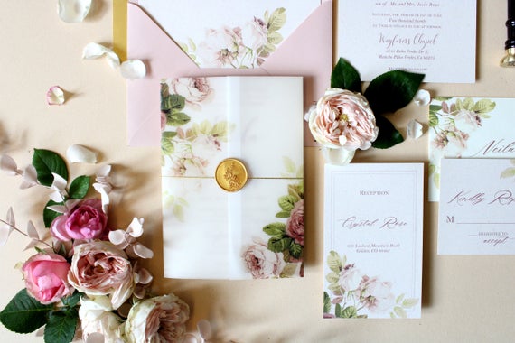 Hochzeit - Blush Wedding invitation, Floral Wedding Invitation, Wax Seal Invitations, Romantic Wedding SAMPLE