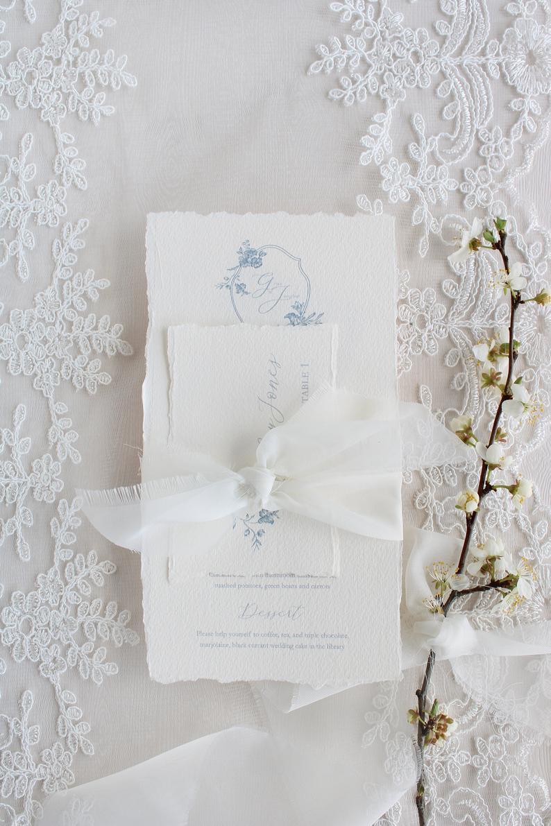 Wedding - Menu card, Floral menu card, Calligraphy menu card, Dusty blue menu card, Romantic Wedding, Torn Edges Menu