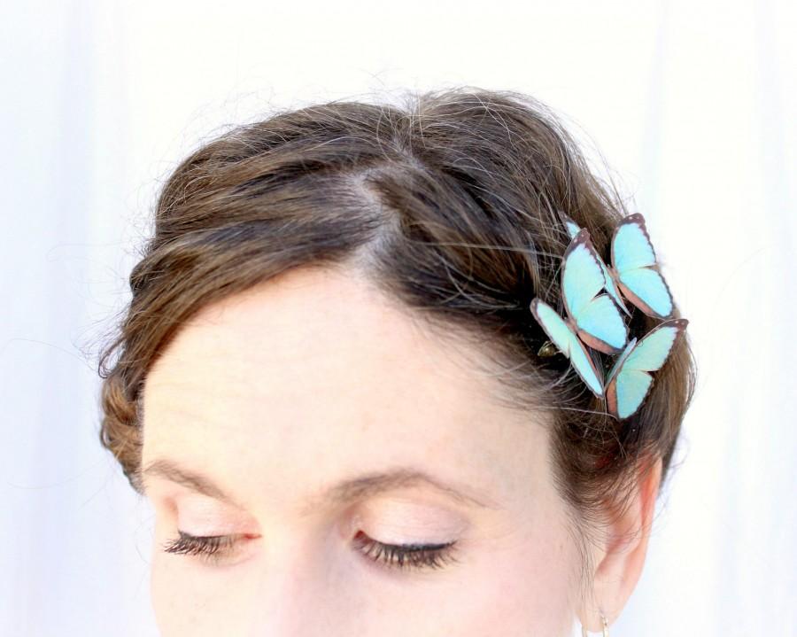 Hochzeit - 3 aqua silk butterfly hair clips . robin's egg . realistic outdoor barn wedding gift, bride, bridesmaid, flower girl, aquamarine, sea, ocean