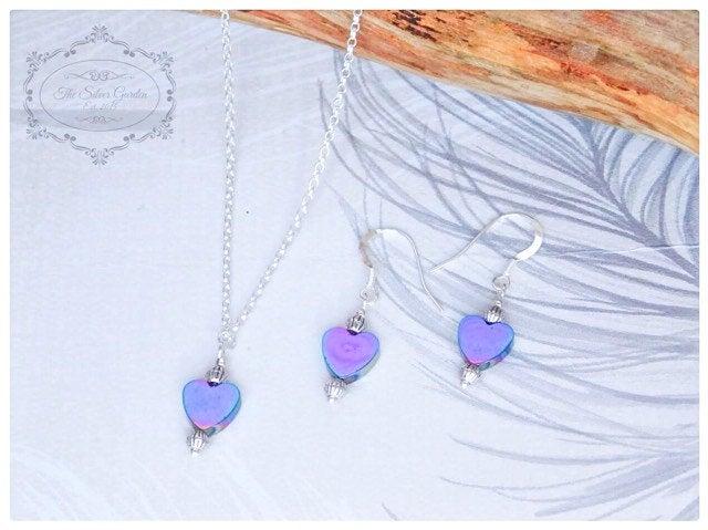 Mariage - Heart Necklace Set, Rainbow Hematite, Hematite Necklace, Heart Earrings, Purple Heart, Purple Jewellery, Valentines Day, Gemstone Jewellery