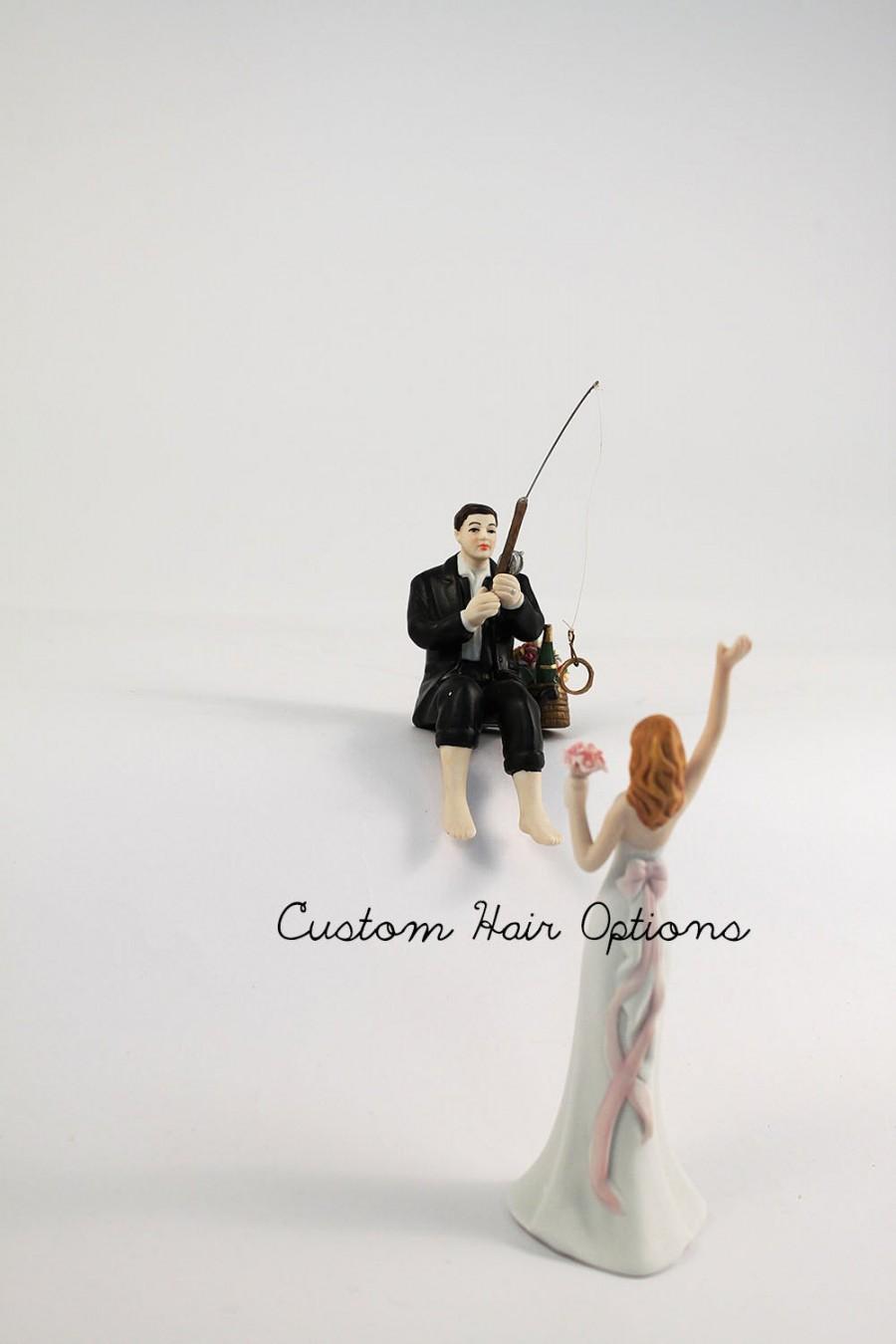 Hochzeit - Personalized Wedding Cake Topper - Hooked On Love Funny Bride and Groom - Custom - Porcelain Wedding Cake Topper - Humorous - Fishing