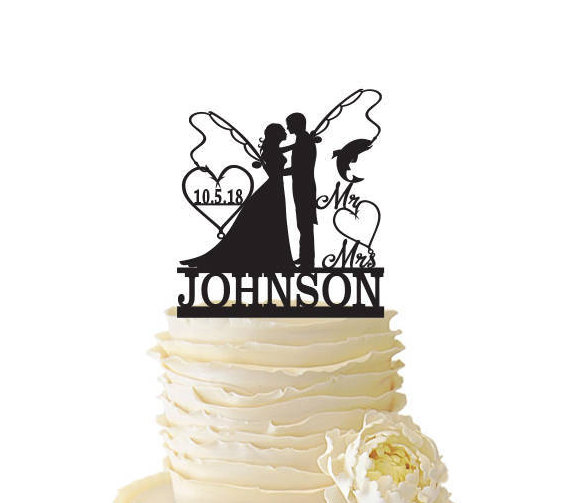 Свадьба - Mr. Mrs. with Bride and Groom - Fishing Poles With Date or Initials and Last Name  - Standard Acrylic - Wedding - Fishing Cake Topper - 135