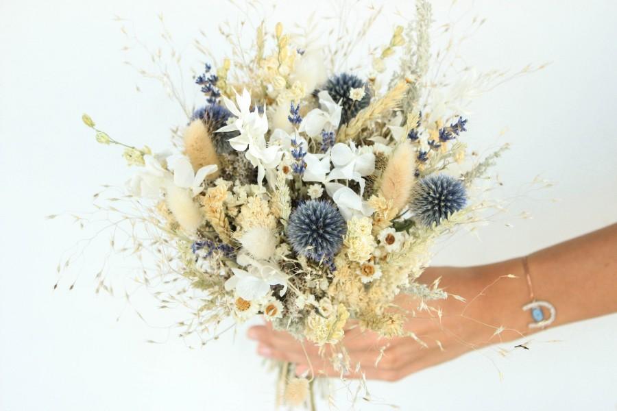 زفاف - Blue Violet Ivory Dried Flowers Bouquet / Echinops Thistle Dancing Spring Flowers bouquet / Silver grey herbs Rice grass arrangement