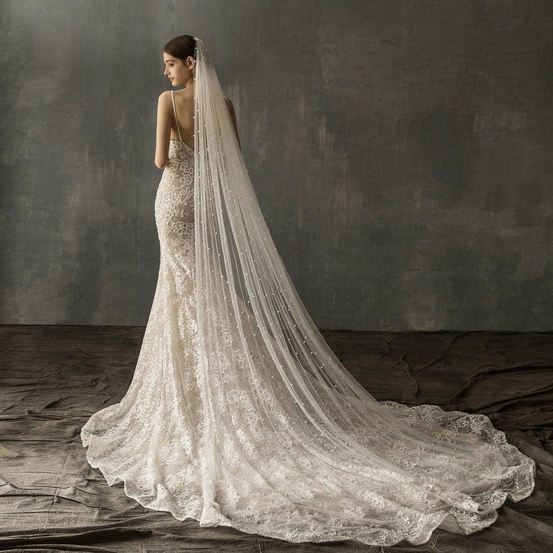 Свадьба - Pearl Beaded Vintage Bridal Cathedral Wedding Veil Beautiful Tulle Pearl Long Veil  10 Feet 3 Meters Beautiful Glam Veil Soft Light Ivory