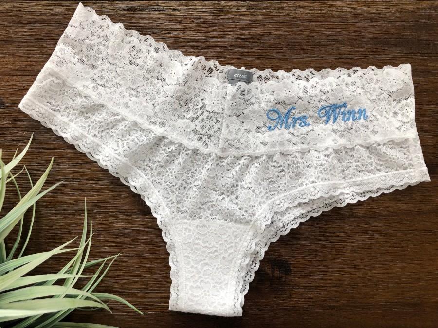 Hochzeit - Bridal Thong Panties underwear Personalized and Custom Embroidered with Mrs Name, white lace panties Bride lingerie, Size Large XL