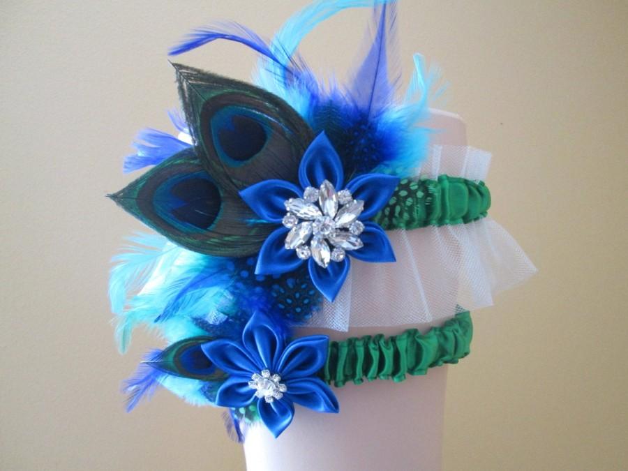 Свадьба - Peacock WEDDING Garter Set, Royal Blue and Emerald Bridal Garter, Kelly Green & Royal Blue Garters, Something Blue, Ivory Bride Garter