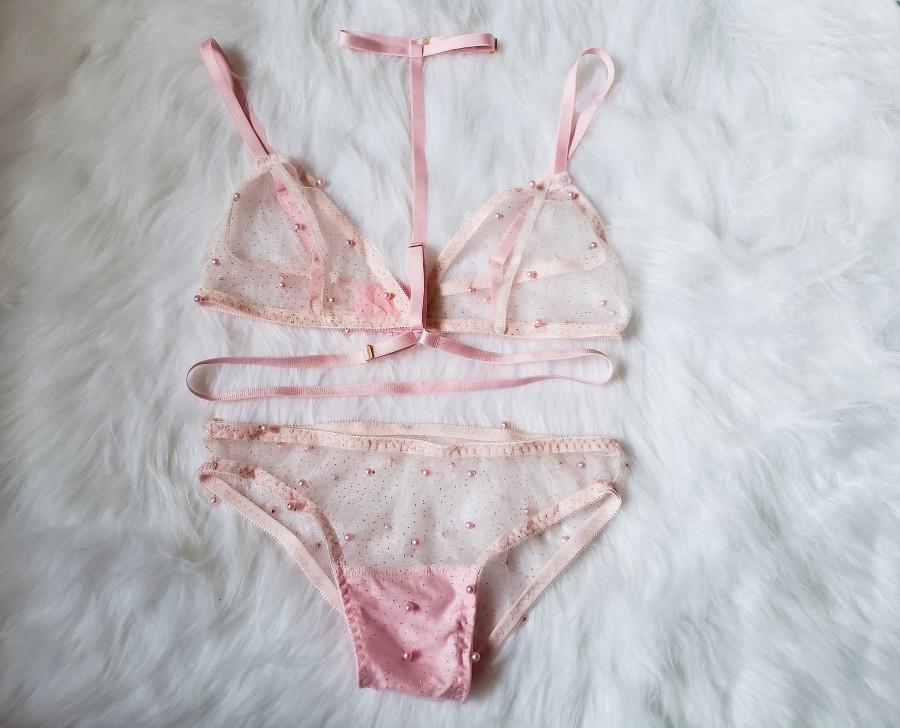 Mariage - Pink pearl tulle lingerie set