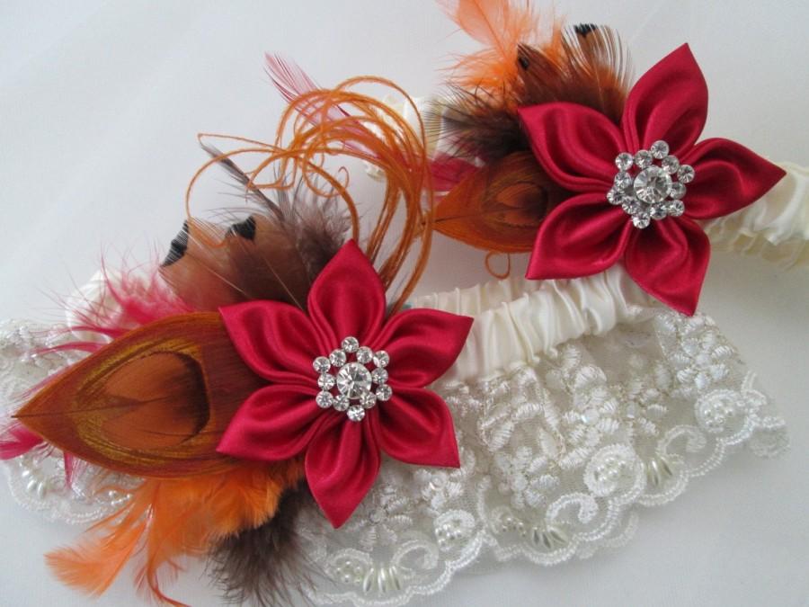 Hochzeit - Christmas Red Wedding Garter Set, Burnt Orange Peacock Garters, Ivory Lace Garters, Rustic Bridal Garter, Barn Wedding, Country Bride