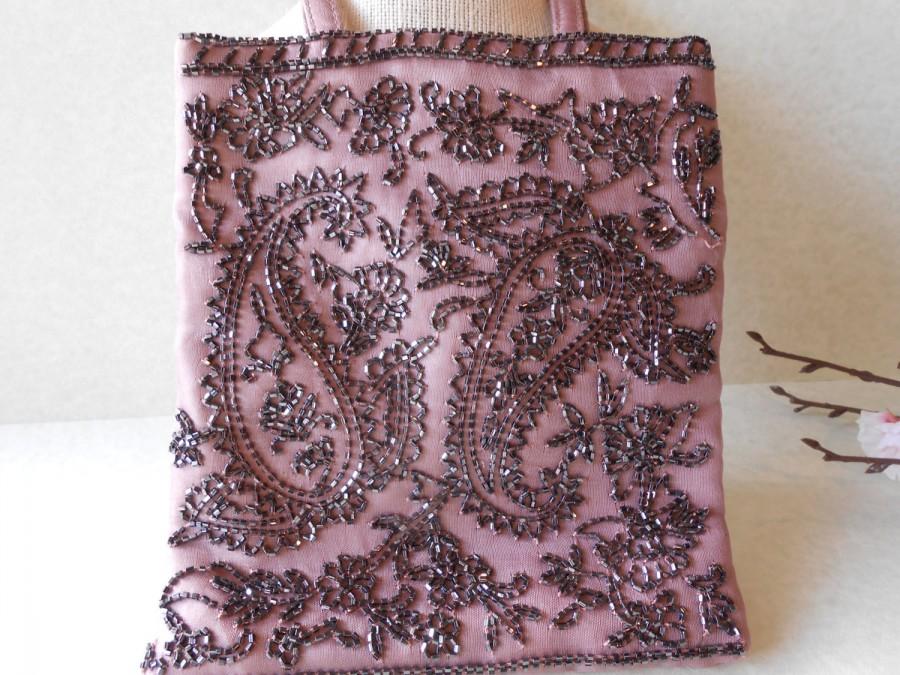 زفاف - Vintage Pink Beaded Evening Bag, Pink and Black, Romantic Purse,EB-0396