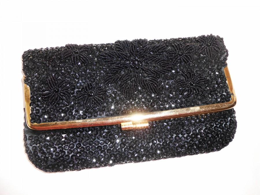 Mariage - Vintage Beaded Evening Bag, Sparkly Black Beaded Clutch Handbag, EB-0049