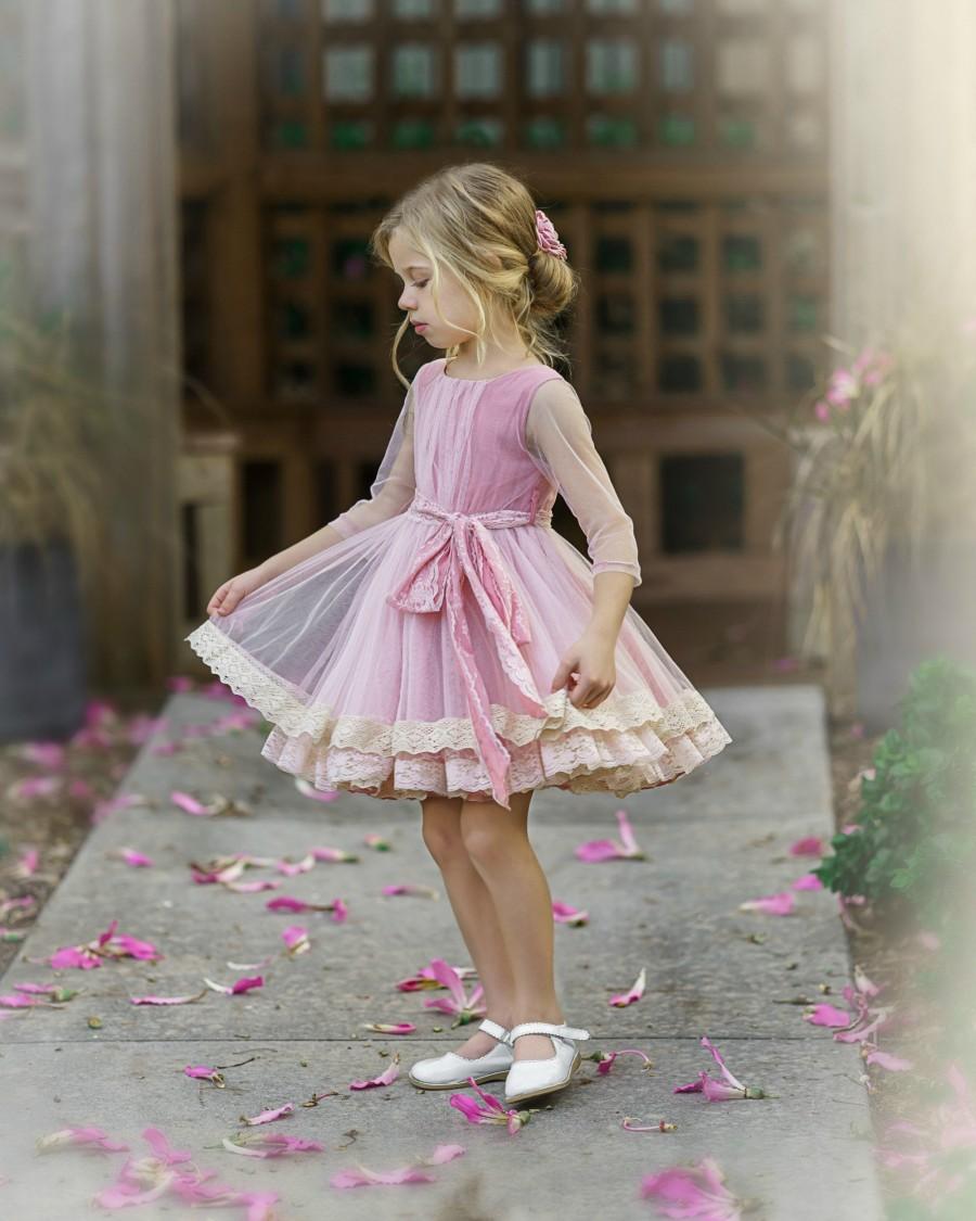 Wedding - Blush Pink Tulle Flower Girl Dress, Pink Lace Flower Girl Dress, Boho Flower Girl Dresses, Rustic Flower Girl Dresses, Toddler Twirl Dress