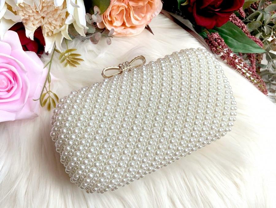 زفاف - Couture Bridal Accessories - Ivory Double-sided Beaded Pearl Wedding Clutch / Purse / Bag - Rhinestones Embellished Clasp & Shoulder-Chain