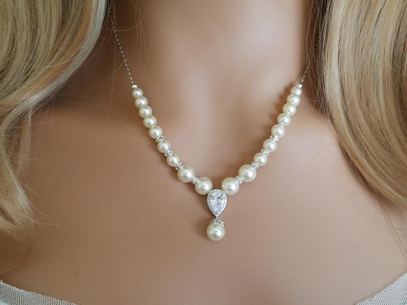زفاف - Pearl Bridal Necklace, Wedding Pearl Backdrop Necklace, Swarovski Ivory Pearl Silver Necklace, Pearl Bridal Jewelry, Wedding Pearl Jewelry