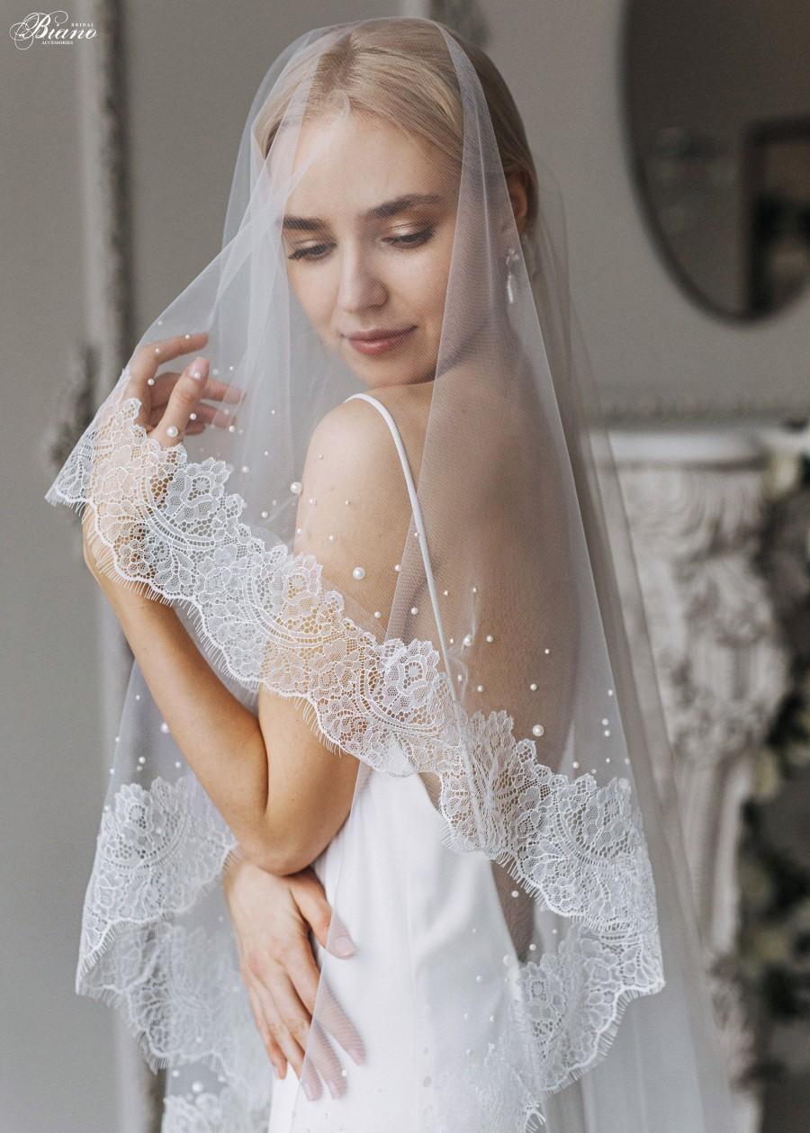 Hochzeit - Lace wedding veil Bridal veil with blusher Pearl veil 2 tier veil French eyelash lace veil handmade Drop veil Delicate Long veil - Trinity