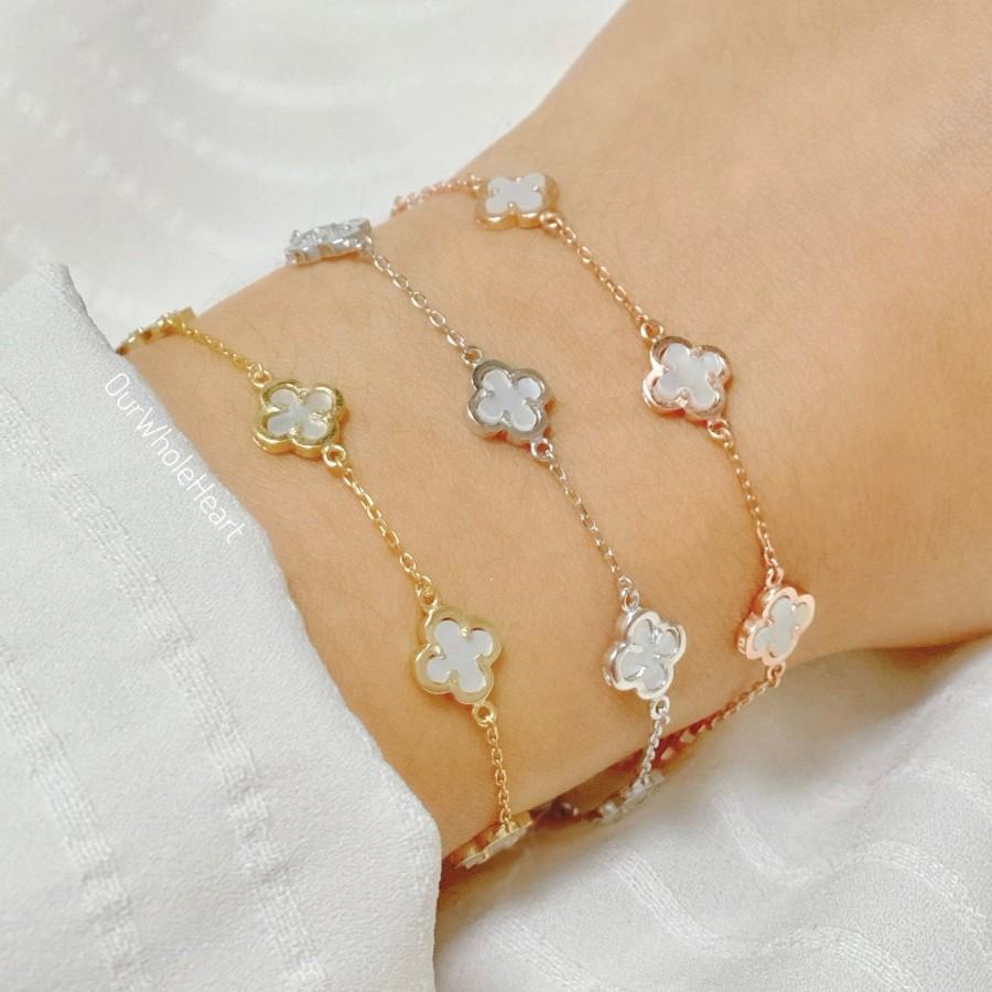 Hochzeit - MINI Seven Clover Mother of Pearl Bracelet in Sterling Silver Gold Plated Rose Gold Plated, Clover Bracelet Gold, Mother of Pearl Bracelet