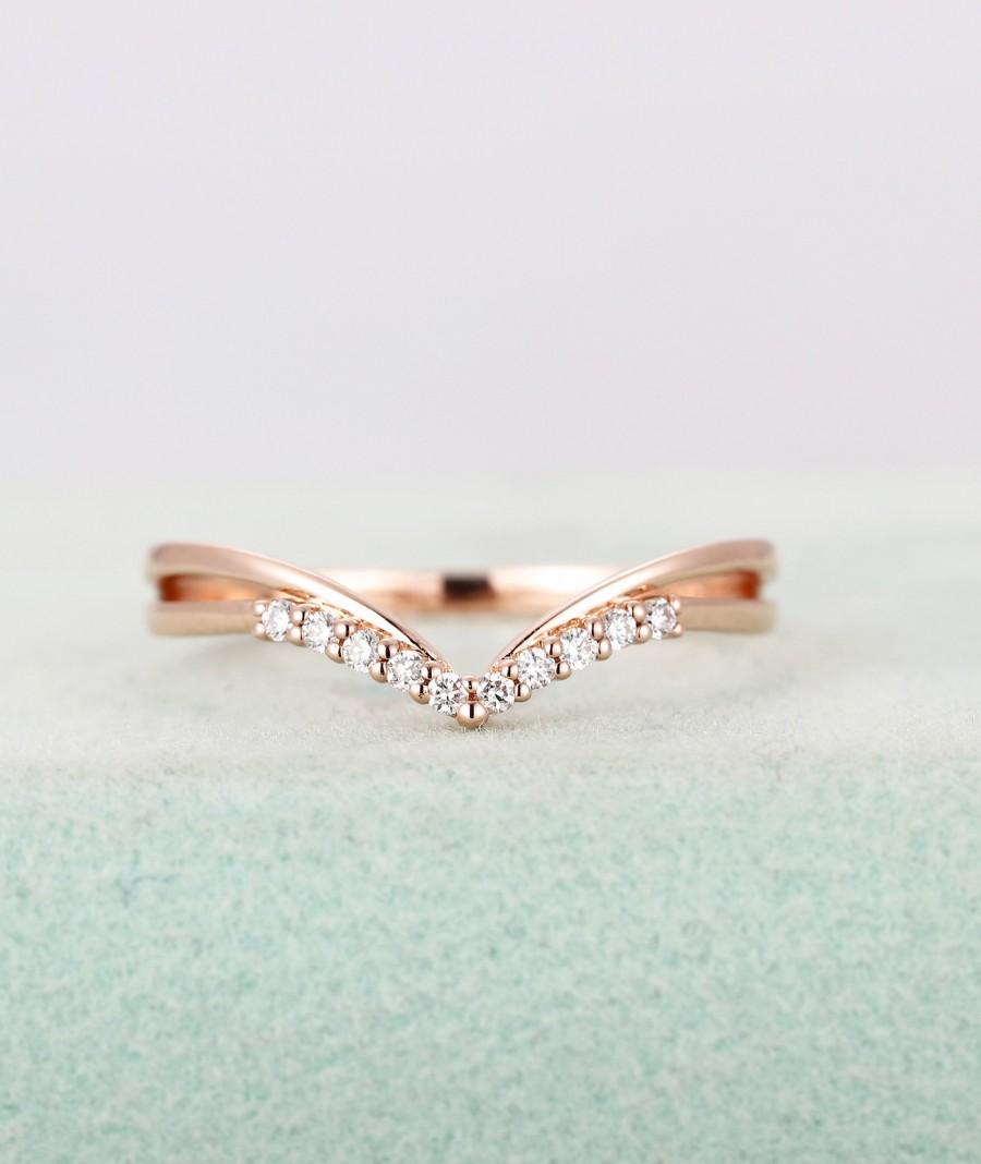 Rose Gold Wedding Band,Diamond Curved Ring,Women's Chevron And Unique