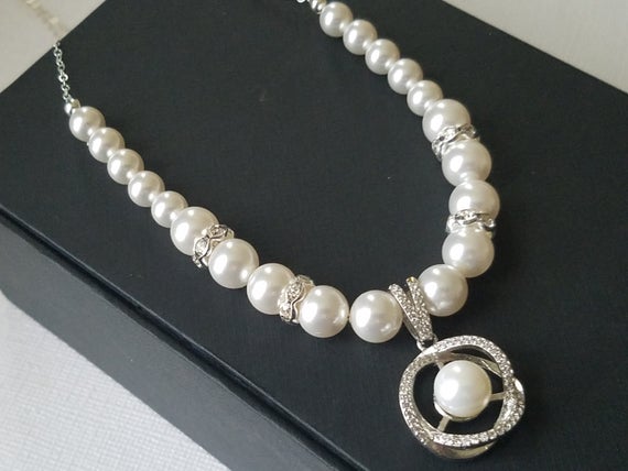 Hochzeit - Pearl Bridal Necklace, Swarovski White Pearl Silver Necklace, Wedding Necklace, Bridal Pearl Jewelry, Wedding Jewelry, Statement Necklace