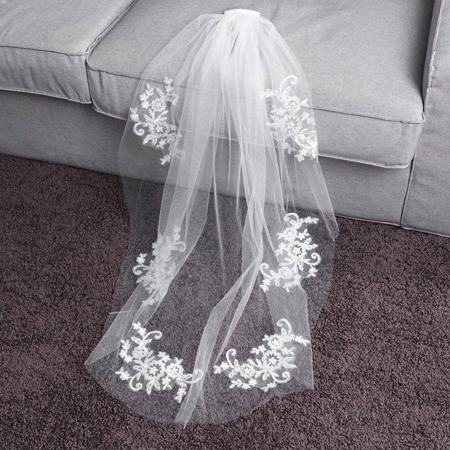 Wedding - Single Layer Crystal Beaded and Lace Wedding Veil, Bridal Veil, Wedding Veil, Lace Veil, Short Veil, Wedding Dress, Bridal Accessory, Veil