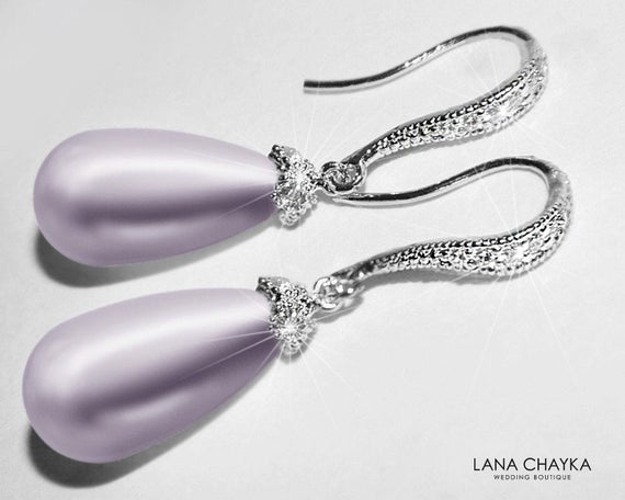Mariage - Lavender Pearl Bridal Earrings, Wedding Pearl Earrings, Swarovski Lavender Pearl Teardrop Earrings, Lilac Silver Earrings, Bridal Party Gift