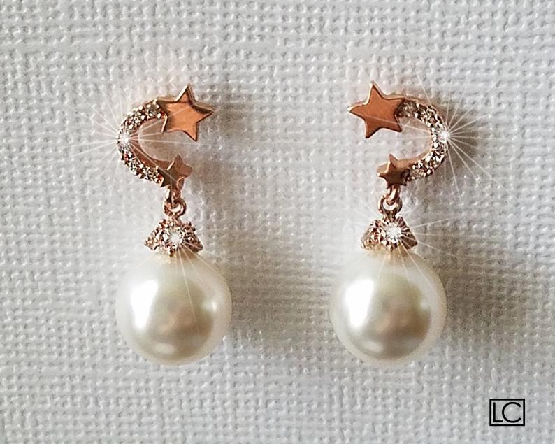 Hochzeit - White Pearl Rose Gold Bridal Earrings, Crescent Moon Star Pearl Studs, Wedding White Pearl Jewelry, Swarovski 10mm Pearl Pink Gold Earrings