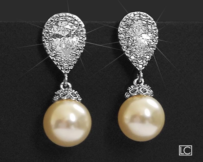 زفاف - Pearl Bridal Earrings, Swarovski 10mm Ivory Pearl CZ Earrings, Wedding Pearl Earrings, Pearl Drop Earrings, Bridal Jewelry, Wedding Jewelry