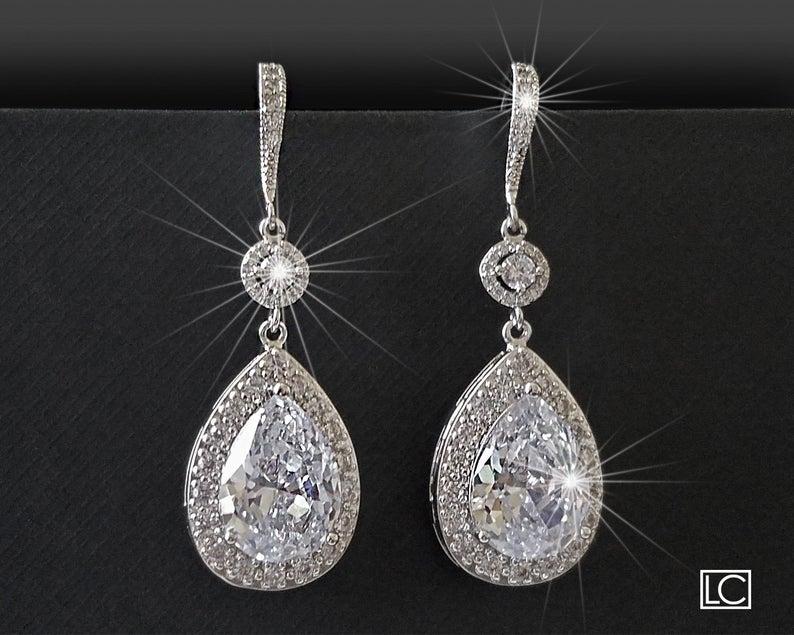 Wedding - Bridal Cubic Zirconia Earrings, Teardrop Crystal Wedding Earrings, Chandelier Dangle Earrings, Sparkly Crystal Halo Earrings Prom Jewelry