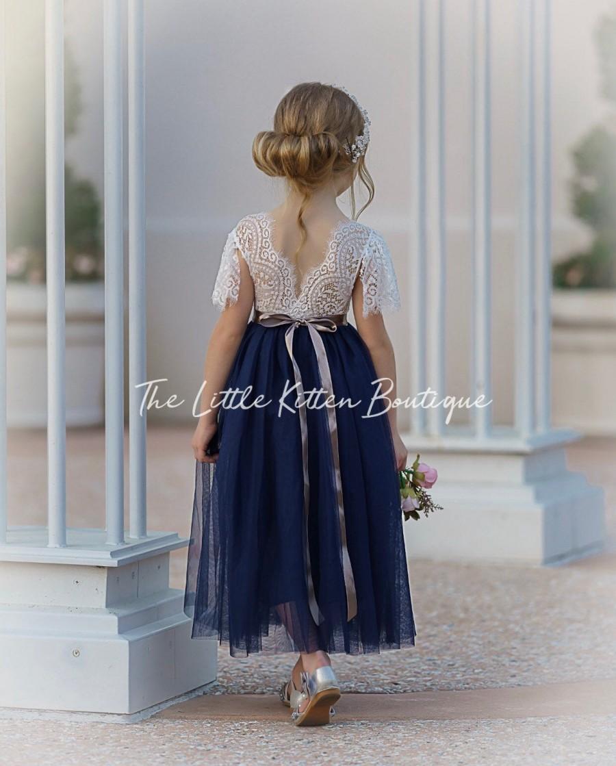 Mariage - tulle flower girl dress, lace flower girl dress, flower girl dress, boho flower girl dress, rustic flower girl dress, Navy flower girl dress