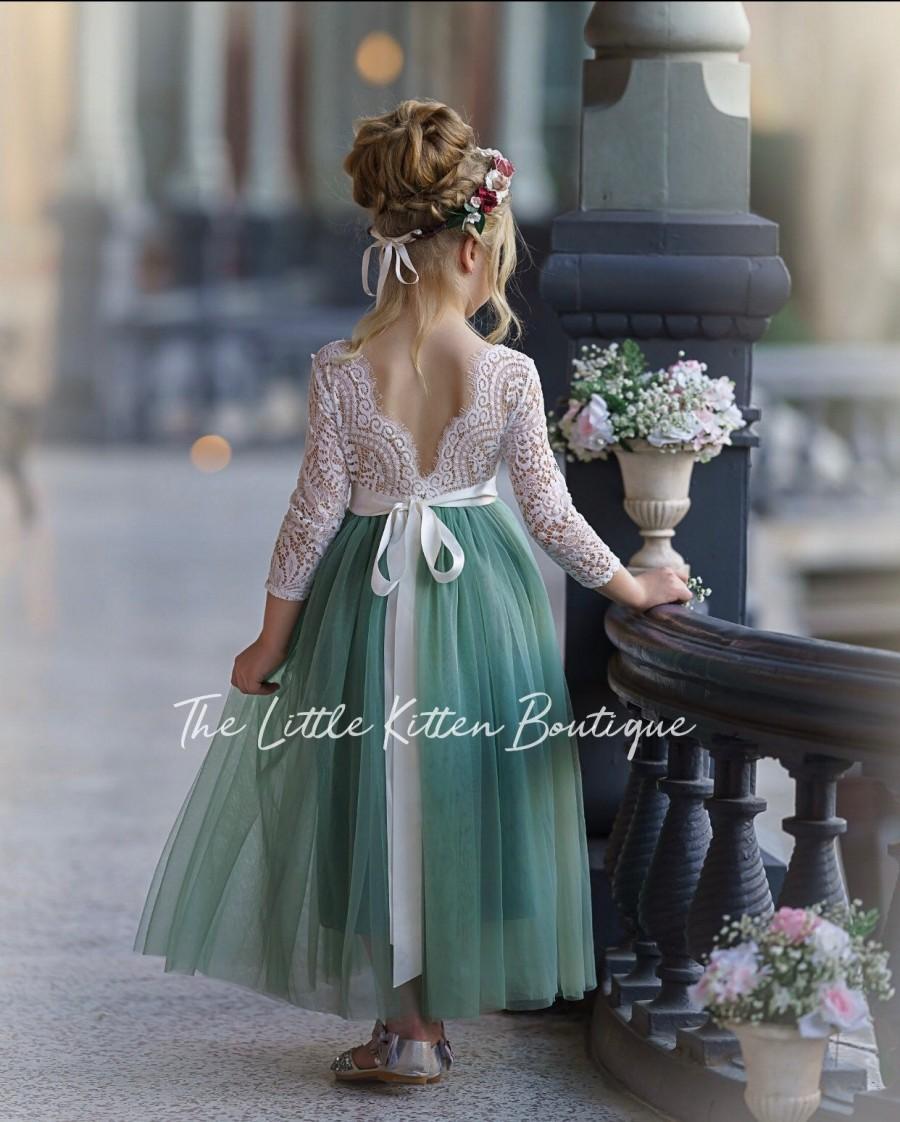Mariage - Sage Green tulle flower girl dress, lace flower girl dress, rustic flower girl dress, boho flower girl dress, flower girl dress, Bohemian