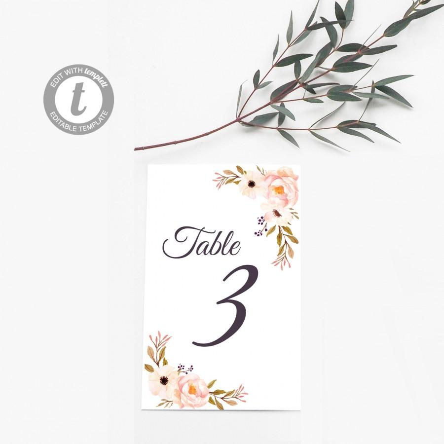 Wedding - Watercolor Floral Wedding Table Numbers Template: Coral and Pink Flowers - Create up to 10 table numbers with one template purchase!