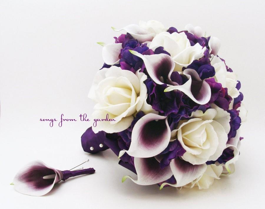 Wedding - Bridal or Bridesmaid - Bouquet Real Touch Picasso Callas White Roses & Purple Hydrangea - add Grooms Groomsman Boutonniere - Wedding Flowers