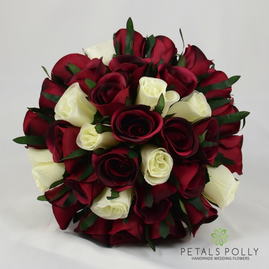 Wedding - Artificial Wedding Flowers, Burgundy & Ivory Rose Brides Bouquet Posy (1)