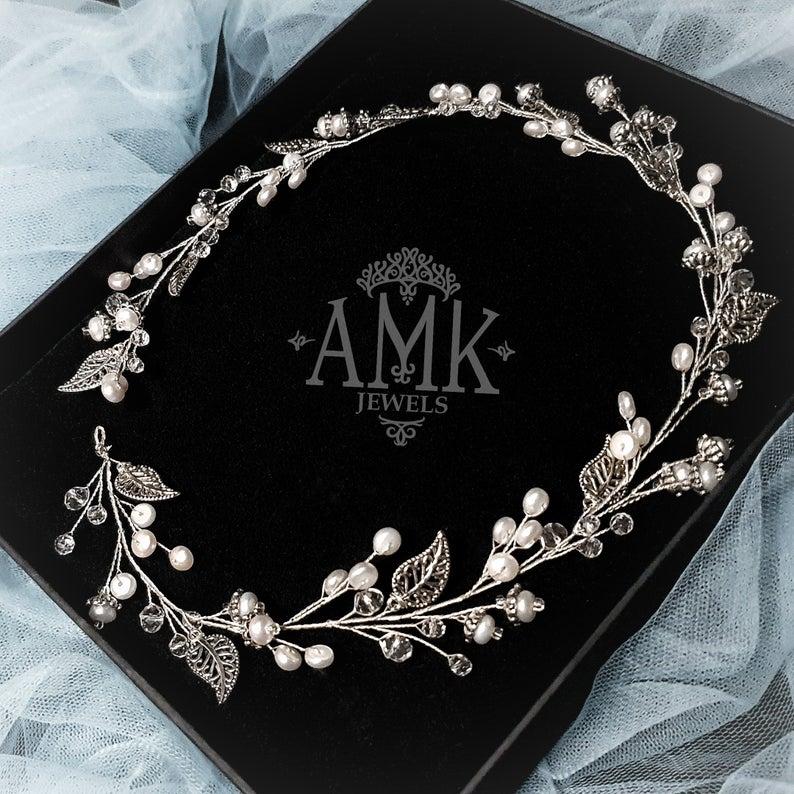 Mariage - Silver hair vine with leaves and pearls