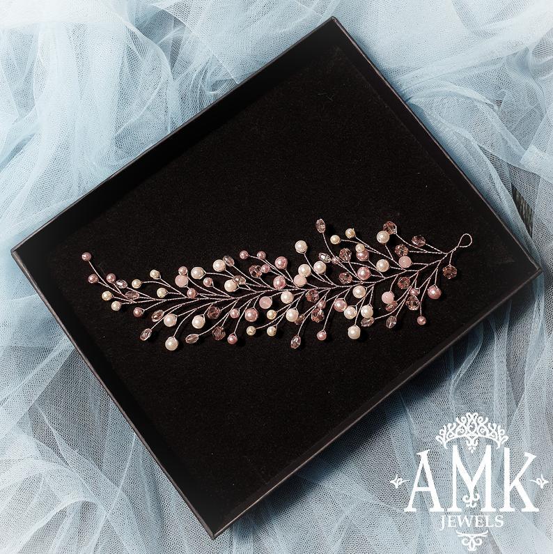 زفاف - Rose crystal hair vine, bridal pearl hair piece