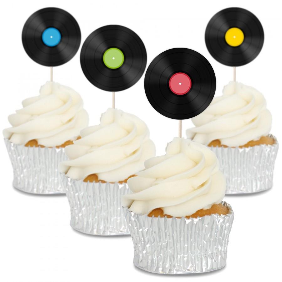 Hochzeit - Vinyl Record Cupcake Toppers Tops - 12/Pk