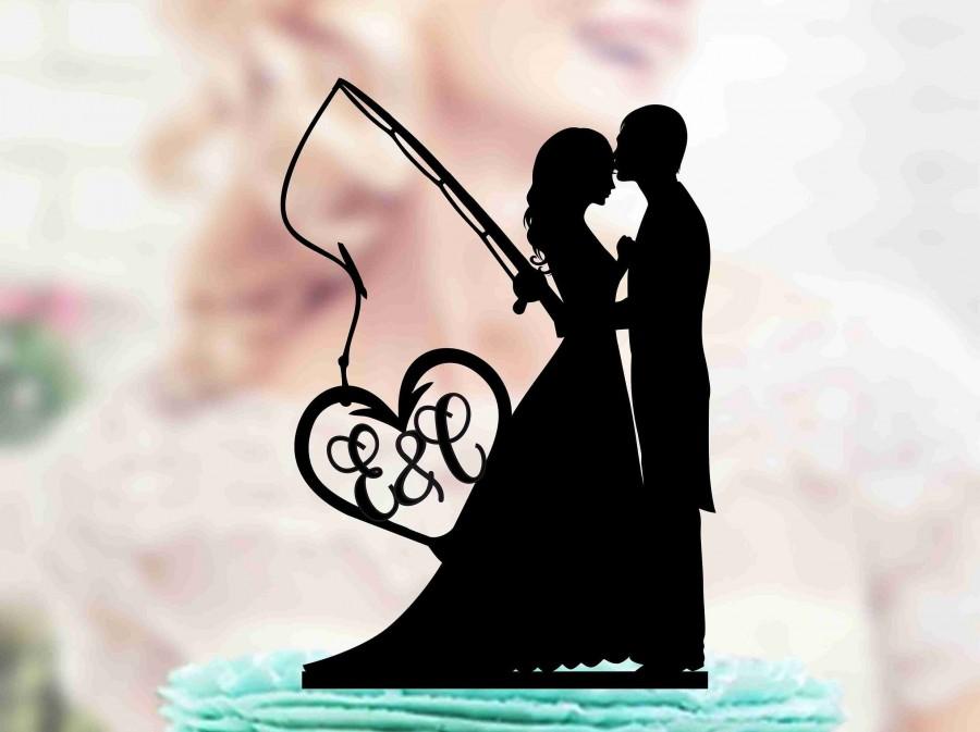 Hochzeit - Fishing Wedding Cake Topper, Bride and Groom with fishing rod, Monogram topper, Wedding pair, Anniversary, Silver and Gold Mirror topper