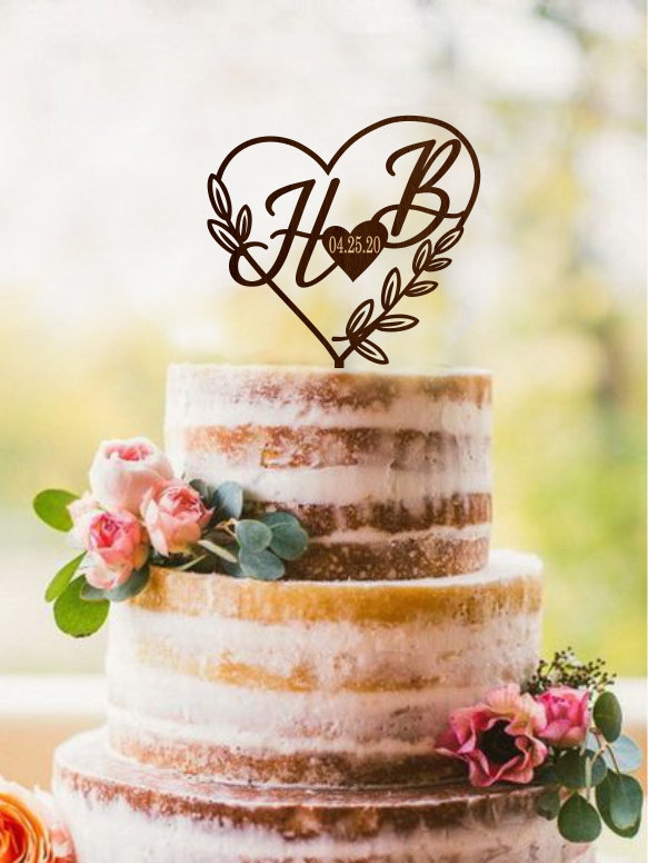 زفاف - Heart cake topper with Initials and wedding date, Heart cake topper for wedding, Letters and date cake topper, Two letters monogram