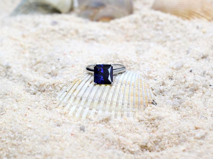 زفاف - Blue Sapphire Engagement Ring,Sapphire Ring, Blue Sapphire Ring,Princess Cut Ring,Solitaire Ring,Phoebe,3.5- 4 ct Ring,White Gold Ring