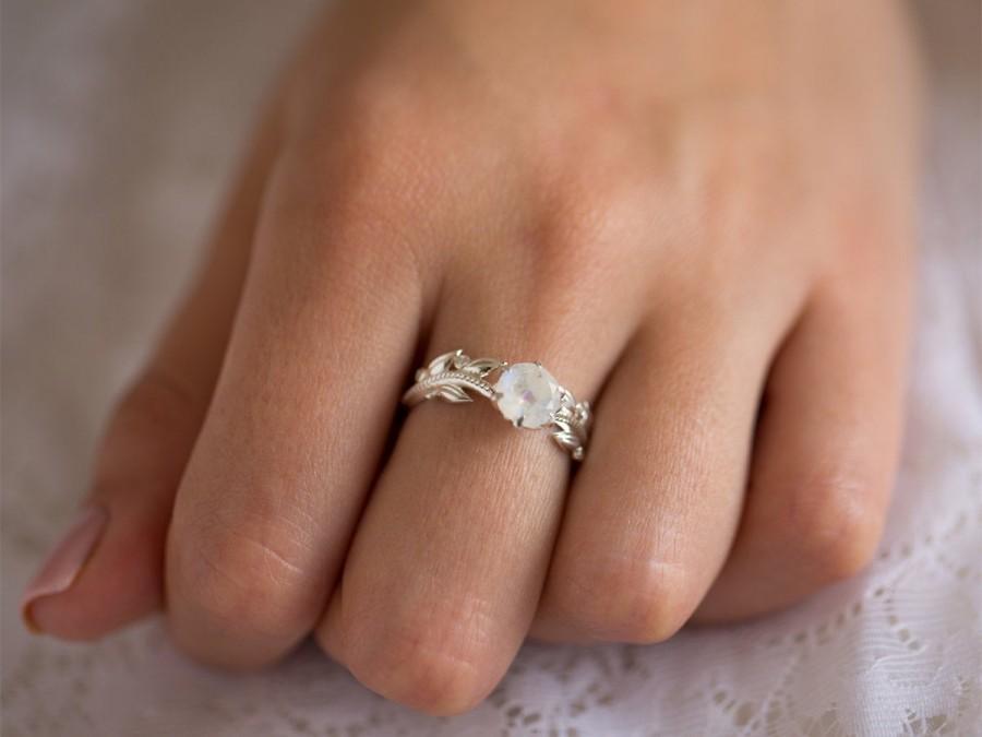 Wedding - Leaves Engagement Ring, Alternative Engagement Ring, Moonstone Engagement Ring, 14K Moonstone Ring, Bohemian Engagement Ring, Floral, 18K